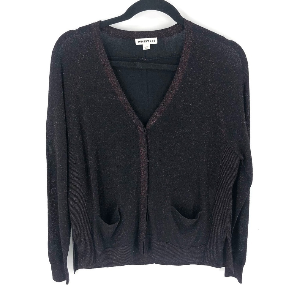 Whistles Cardigan Sweater Womens XS Metallic Pockets Whimsy Goth Preppy Office